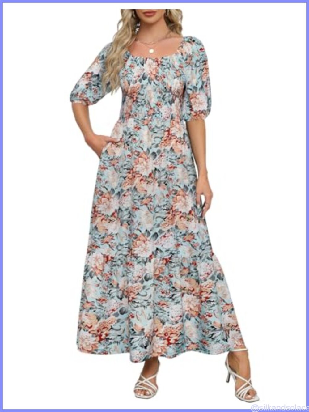 Women's Boho Smocked Maxi Dress Puff Sleeve Square Neck A-Line Tiered Ruffle
